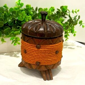 Vintage Wooden Tabacco Jar or Spice Storage Jar & Lid Made in Spain Carving